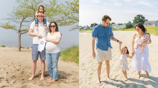 happy family walking on beach